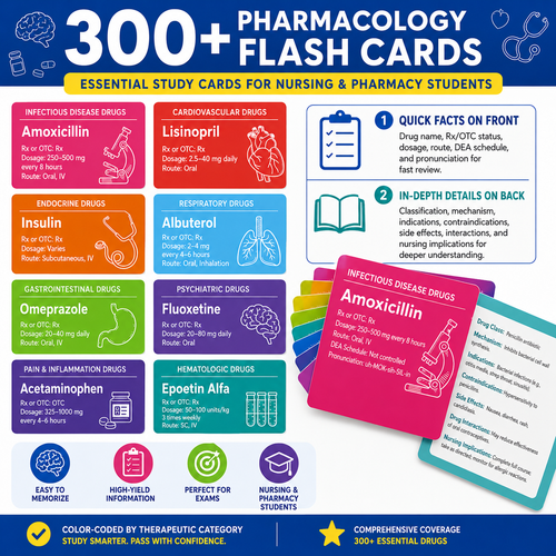 300+ Drugs Pharmacology Flashcards - Complete Pharmacology Digital Study Guide for Nursing & Med School